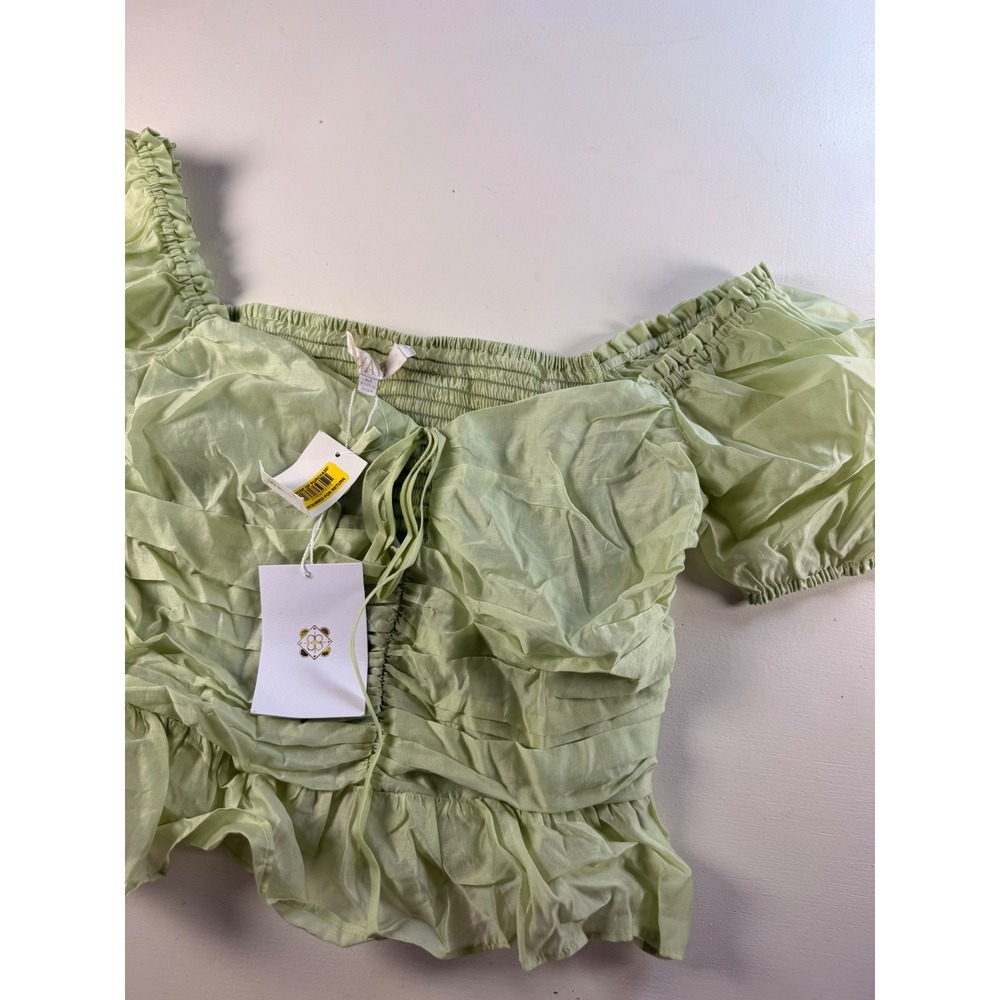 V.A.F. Ruched Puff Sleeve Top Women Medium Sage Green Cottagecore Romantic Y2K - Picture 2 of 7